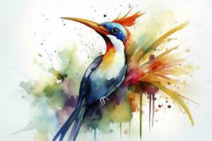 ein Vogel von Paradies Anzeigen es ist bunt Gefieder Aquarell malen, schön natürlich Formen, knackig sauber Formen, bunt, Weiß Hintergrund, generieren ai foto