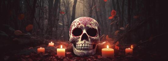 Tag von das tot Schädel. dia de los Muertos. Tag von das tot und Mexikaner Halloween Hintergrund. Mexikaner Tradition Festival. Tag von das tot Zucker Schädel. dia de los Muertos, ai generativ foto