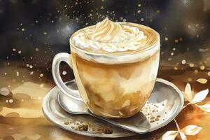 Hand gezeichnet Aquarell Kaffee mit Schokolade Kuchen, Cappuccino Tasse mit Untertasse, isoliert auf Weiß Hintergrund. köstlich Essen Illustration, generieren ai foto