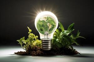 Licht Birne mit Pflanze und Grün Erde , generativ ai foto