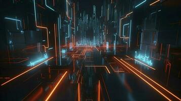 Digital cg Hintergrund, cg Hintergründe Sci-Fi Hintergründe, im das Stil von futuristisch geometrisch Abstraktion, dunkel Orange und Licht cyan, 32k ähm, Neon, und fluoreszierend Licht, erzeugen ai foto