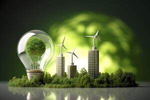 Energie Verbrauch und co2 Gas Emissionen sind zunehmend Licht Glühbirnen mit Grün Öko Stadt, verlängerbar Energie durch 2050 Kohlenstoff neutral Energie, speichern Energie kreativ Idee Konzept, generativ ai. foto