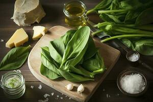 frisch Bären Knoblauch Blätter mit Öl und Parmesan Käse - - Vorbereitung von Pesto, generieren ai foto
