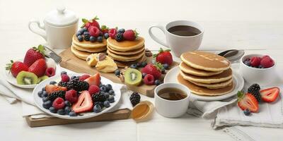 Pfannkuchen mit frisch Früchte, Donuts und Kaffee auf ein Weiß Hintergrund., generieren ai foto