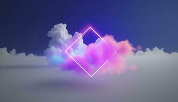 3d machen, abstrakt minimal Hintergrund mit Rosa Blau Gelb Neon- Licht Platz Rahmen mit Kopieren Raum, beleuchtet stürmisch Wolken, glühend geometrisch Form, generieren ai foto