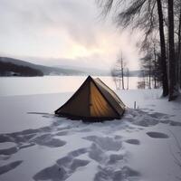 Winter Ferien im ein Zelt auf ein Ufer von schneebedeckt ai generiert foto