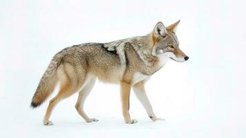ein einsam Kojote Canis latrans isoliert auf Weiß Hintergrund Gehen und Jagd im das Winter Schnee im Kanada, generieren ai foto