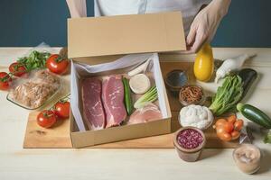 Box mit verpackt Fleisch und Gemüse auf Küche Hintergrund. Essen Lieferung Dienstleistungen während das Coronavirus Pandemie und Sozial Distanzierung. Einkaufen online. Abendessen Lieferung Service, generieren ai foto