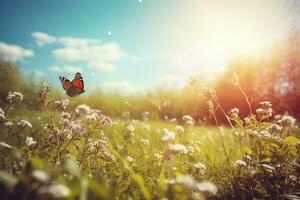 ein Schmetterling Sitzung auf Blume und Blatt, generieren ai foto