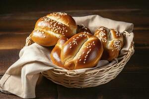 Brezel Stöcke und Brezel Rollen, bayerisch Lauge Brötchen mit Salz- im ein Korb, generieren ai foto