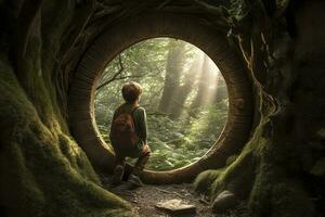 ein wenig Junge gehen gegenüber das tief magisch Urwald entlang , generieren ai foto
