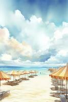 schön Strand Banner. Weiß Sand, Stühle, und Regenschirm Reise Tourismus breit Panorama Hintergrund Konzept. tolle Strand Aquarell Landschaft Aquarell malen, generieren ai foto