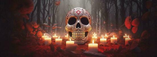 Tag von das tot Schädel. dia de los Muertos. Tag von das tot und Mexikaner Halloween Hintergrund. Mexikaner Tradition Festival. Tag von das tot Zucker Schädel. dia de los Muertos, generieren ai foto