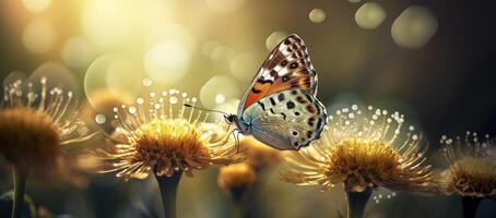 Feld von Gänseblümchen im golden Strahlen von das Rahmen Sonne im Frühling Sommer- Natur mit ein Orange Schmetterling draußen, ai generiert foto