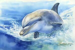 Farbe ein spielerisch Delfin Springen aus von das Wasser Aquarell malen, schön natürlich Formen, knackig sauber Formen, bunt, Weiß Hintergrund, generieren ai foto