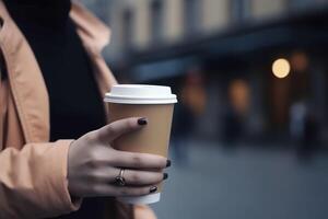 weiblich Hand mit Papier Tasse von Kaffee nehmen weg. Frau halten zu gehen nehmen aus Kaffee Tasse, verschwommen Stadt Straße auf Hintergrund. ai generiert Bild. foto