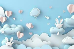 horizontal Banner mit Papier Schnitt Wolken, Kaninchen, Eier, und Herzen, Blau Himmel Hintergrund, Papier Schnitt Kunst Kunst. ein Platz zum Text. glücklich Ostern Tag Verkauf Konzept, Vorlage mit Platz rahmen, generieren ai foto