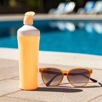 Sommer- Ferien durch das Schwimmbad Sonnenbräune Lotion und Sonnenbrille ai generiert foto