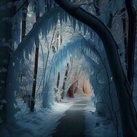 Winter Landschaft im das Wald, schneebedeckt Wetter im Januar, schön Landschaft im das schneebedeckt Wald, ein Ausflug zu das Norden, generieren ai foto