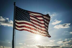 von hinten beleuchtet uns National Flagge fliegend und winken im das Wind Über grau stürmisch wolkig Himmel, Symbol von amerikanisch Patriotismus, niedrig Winkel, generieren ai foto