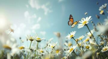 abstrakt Natur Frühling Hintergrund, Frühling Blume und Schmetterling, generieren ai foto