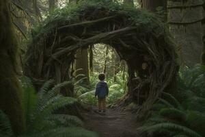 ein wenig Junge gehen gegenüber das tief magisch Urwald entlang , generieren ai foto