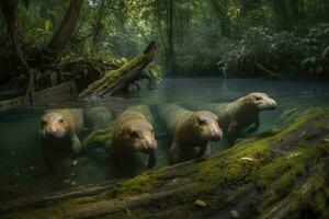 ein Familie von Schnabeltiere Schwimmen im ein Fluss umgeben durch ein dicht Wald, generieren ai foto