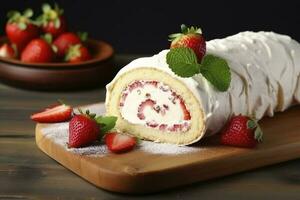 köstlich Kuchen rollen mit Erdbeeren und Sahne auf hölzern Planke, Nahaufnahme, generieren ai foto