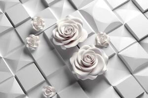 3d klassisch Hintergrund. Rose Blumen auf ein Licht grau Hintergrund mit Quadrate und wellig Formen. zum Mauer Zuhause Dekor, generieren ai foto
