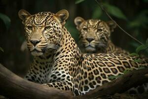ein Paar von Jaguare ruhen auf ein felsig Aufschluss, generieren ai foto