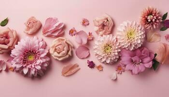 Rosa Blumen Komposition Über Pastell- Hintergrund, generieren ai foto