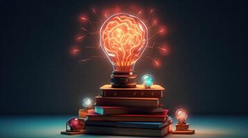 Stapel von Bücher mit Gehirn. Bildung Konzept. Illustration ai generativ foto
