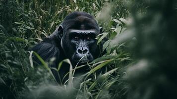 Riese Gorilla versteckt im das Unkraut Illustration ai generativ foto