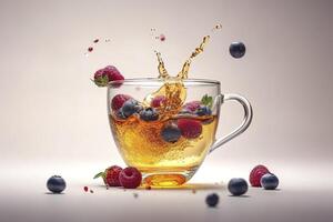 Magie Tee Konzept, schweben Wirkung. fliegend Zutaten zum Kräuter- Tee mit Honig und Beeren. Tee im transparent Glas Tee Tasse, Schweben. ai generiert Bild foto