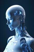 chatgpt, ein Denken Roboter, ein Humanoid Roboter Gesichter Nahansicht futuristisch modern Technik Chatbot Hilfe Auto Gespräch, Zukunft Digital Technologie ai künstlich Intelligenz Konzept, generieren ai foto