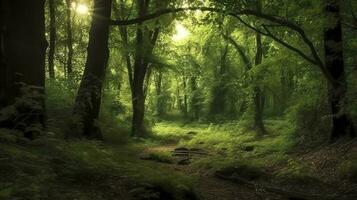 Erde Tag und Welt Umgebung Tag, Frühling, schön natürlich grün Grün Wald im Sommer, generieren ai foto