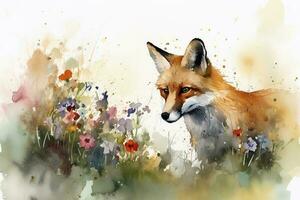 ein Fuchs im ein Feld von Blumen, Aquarell malen, schön natürlich Formen, knackig sauber Formen, bunt, Weiß Hintergrund, generieren ai foto