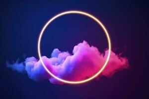 3d machen, abstrakt Wolke beleuchtet mit Neon- Licht Ring auf dunkel Nacht Himmel. glühend geometrisch Form, runden rahmen, generieren ai foto