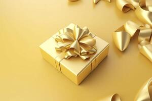 Geschenk Box mit golden Satin- Band und Bogen auf Gelb Hintergrund. Urlaub Geschenk mit Kopieren Raum. Geburtstag oder Weihnachten gegenwärtig, eben legen, oben Sicht. Weihnachten Geschenkbox Konzept. ai generiert. foto