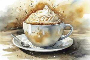 Hand gezeichnet Aquarell Kaffee mit Schokolade Kuchen, Cappuccino Tasse mit Untertasse, isoliert auf Weiß Hintergrund. köstlich Essen Illustration, generieren ai foto