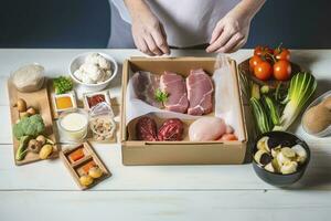 Box mit verpackt Fleisch und Gemüse auf Küche Hintergrund. Essen Lieferung Dienstleistungen während das Coronavirus Pandemie und Sozial Distanzierung. Einkaufen online. Abendessen Lieferung Service, generieren ai foto