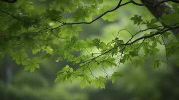 Erde Tag und Welt Umgebung Tag, Frühling, tropisch Baum Blätter und Ast mit schön Grün Wald Hintergrund, generieren ai foto