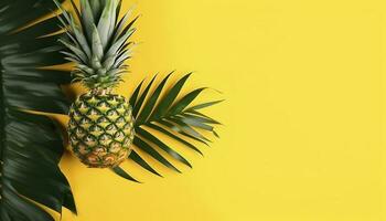 oben Aussicht von frisch Ananas mit tropisch Blätter auf Gelb Hintergrund , generieren ai foto