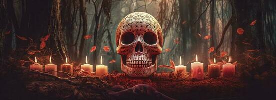 Tag von das tot Schädel. dia de los Muertos. Tag von das tot und Mexikaner Halloween Hintergrund. Mexikaner Tradition Festival. Tag von das tot Zucker Schädel. dia de los Muertos, generieren ai foto