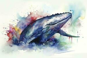 ein Wal verletzen im ein stürmisch Ozean Aquarell malen, schön natürlich Formen, knackig sauber Formen, bunt, Weiß Hintergrund, generieren ai foto