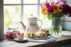 ein Mutter Tag Anordnung mit Tee und Scones im Vorderseite von ein hell Fenster, generieren ai foto