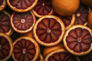 viele Scheiben von saftig Blut Orange Früchte wie Hintergrund, generieren ai foto