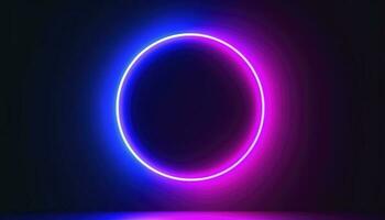 3d machen, Blau Rosa Neon- runden rahmen, Kreis, Ring Form, leeren Raum, ultraviolett Licht, 80er Jahre retro Stil, Mode Show Bühne, abstrakt Hintergrund, generieren ai foto