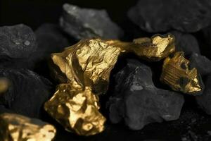 glänzend Gold Nuggets auf Kohlen, Nahansicht Sicht, generieren ai foto