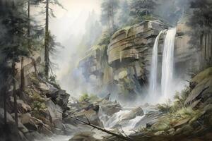 atemberaubend Wasserfall umgeben durch üppig Grün Wald. generativ ai foto